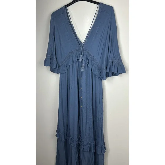 Free People Paradiso HiLo Maxi Dress Ruffle Blue Boho Folklore Oversized Medium - Picture 6 of 16